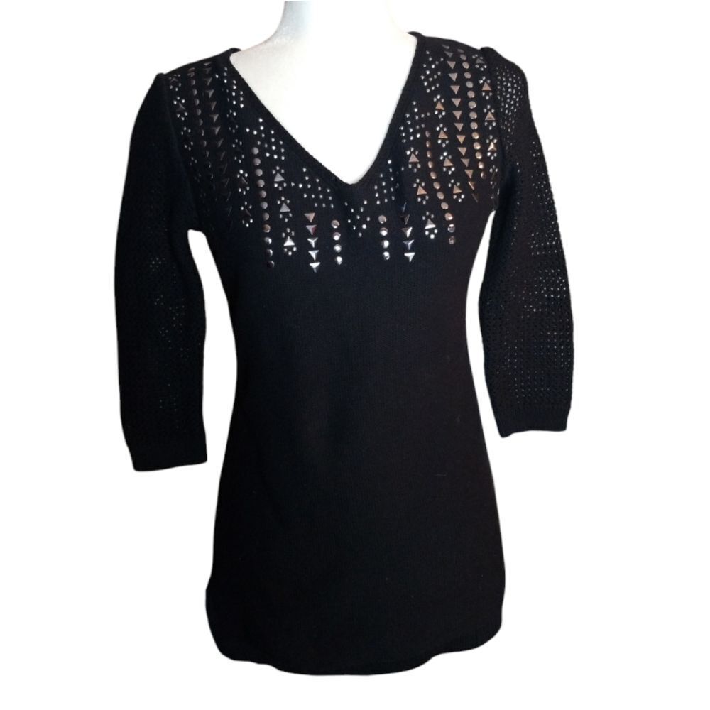 Style & Co Cosweater V-neck Black With Gold Embellishments Size XS